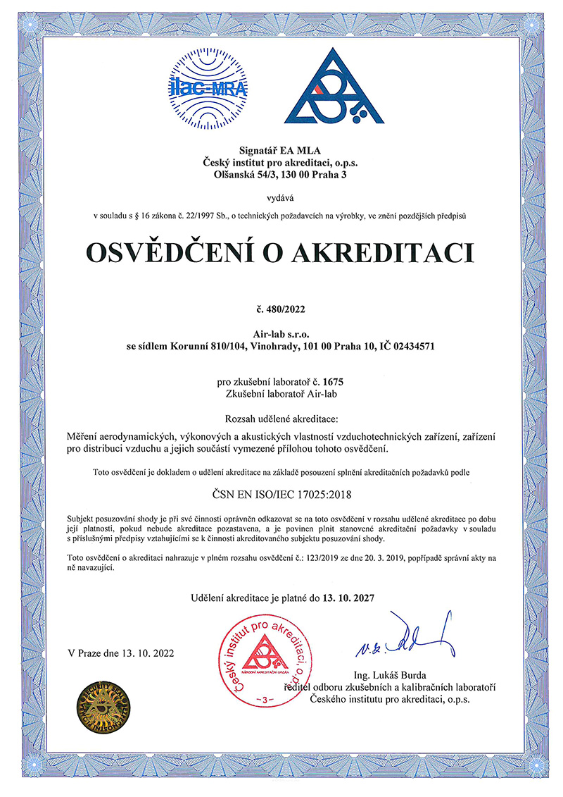 Osvědčení o akreditaci Air-Lab s.r.o.