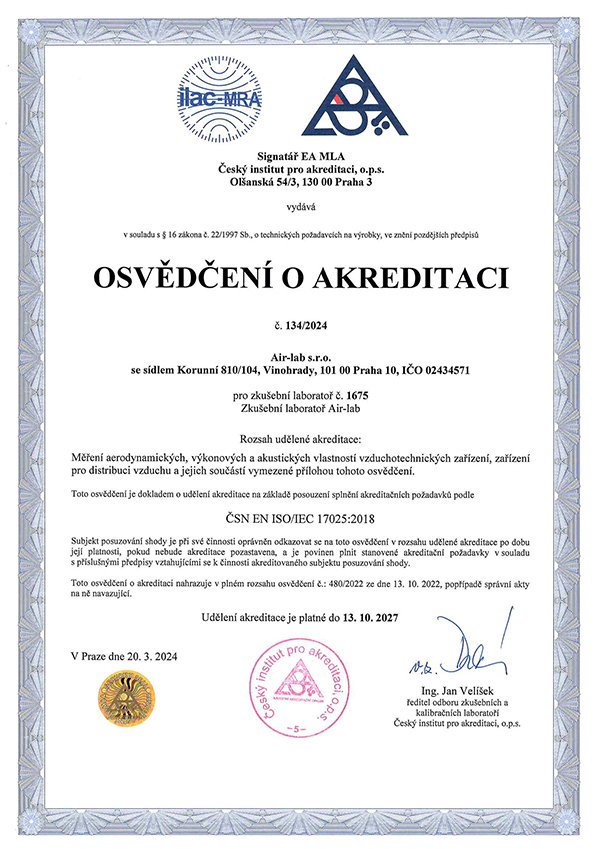 Osvědčení o akreditaci Air-Lab s.r.o.
